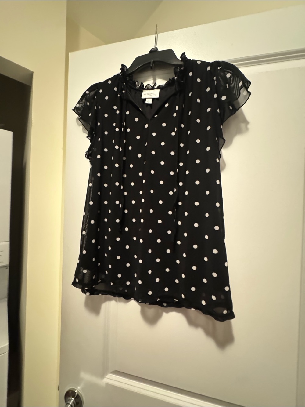 Morgan Taylor Black Polka Dot Ruffle Flutter Sleeve Blouse